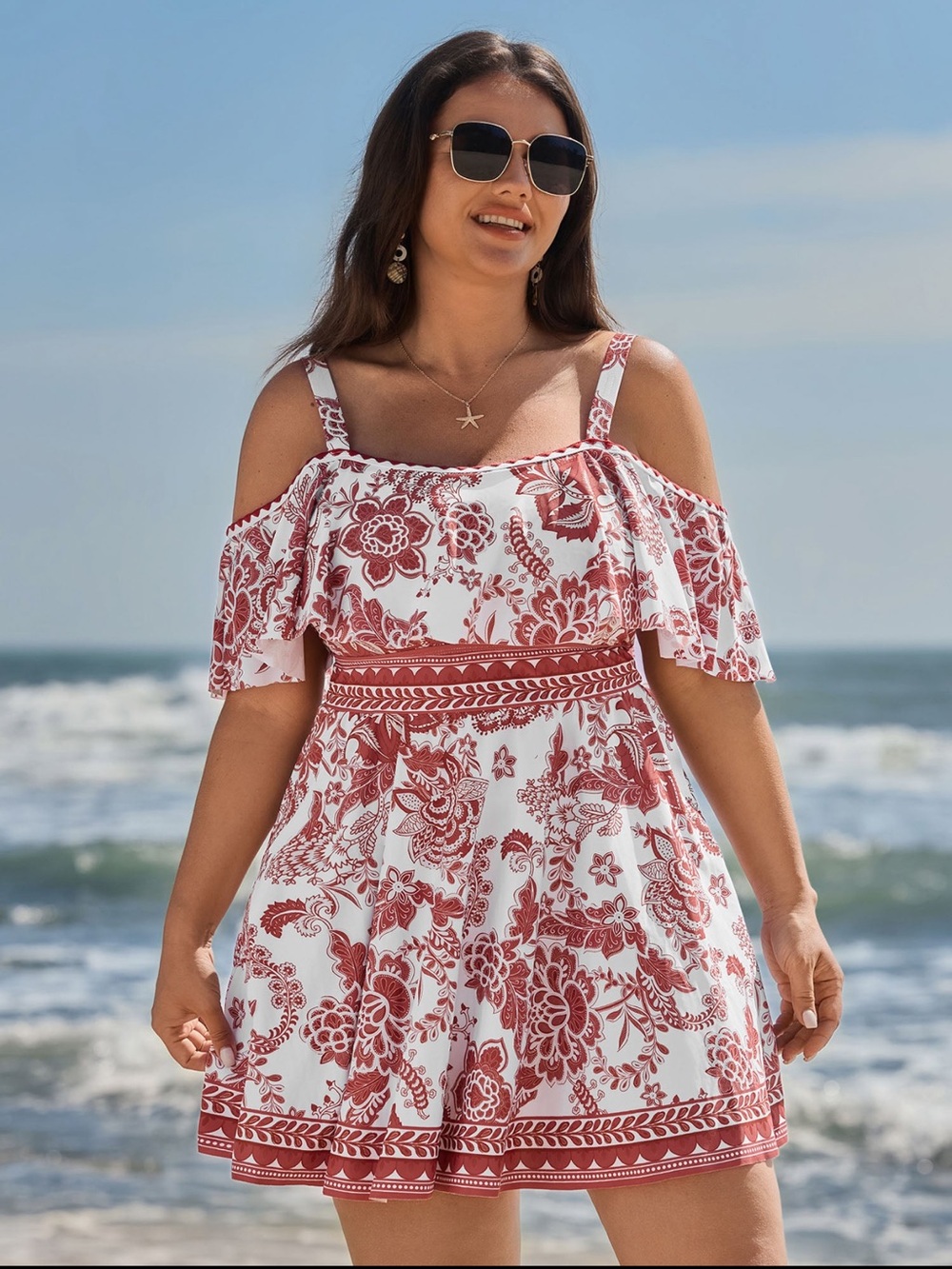 BloomChic Red and White Floral Ruffle swim-dress for ladies